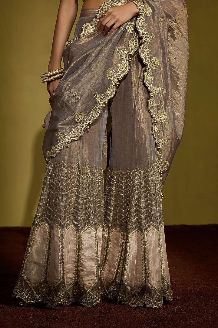 Peach & Wine Tissue Silk Patchwork Draped Sharara Reception Saree Set by Sureena Chowdhri at Pernia's Pop Up Shop