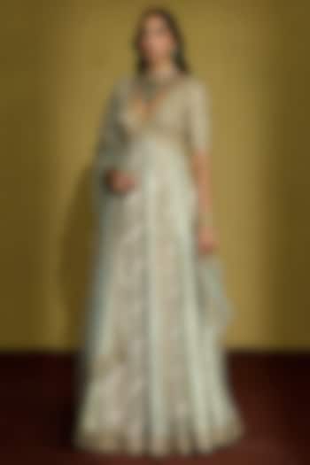 Sage Green Zari Silk Tissue & Brocade Bridal Anarkali Set by Sureena Chowdhri at Pernia's Pop Up Shop