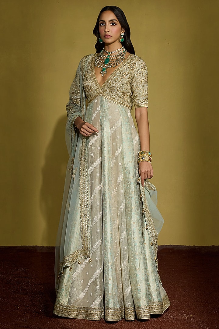 Sage Green Zari Silk Tissue & Brocade Bridal Anarkali Set by Sureena Chowdhri at Pernia's Pop Up Shop