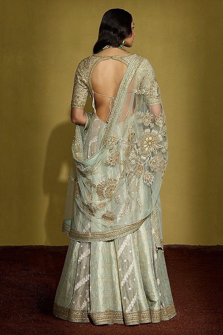 Sage Green Zari Silk Tissue & Brocade Bridal Anarkali Set by Sureena Chowdhri at Pernia's Pop Up Shop