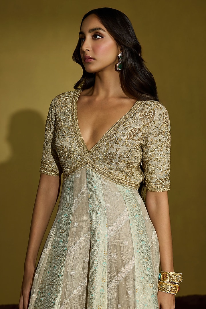Sage Green Zari Silk Tissue & Brocade Bridal Anarkali Set by Sureena Chowdhri at Pernia's Pop Up Shop