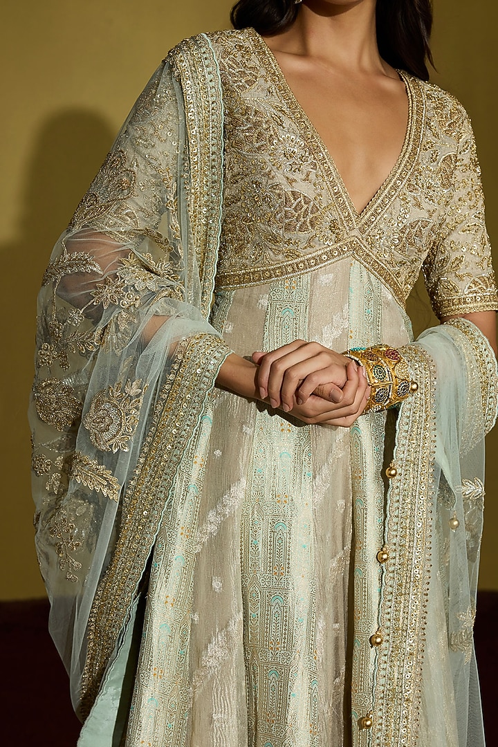 Sage Green Zari Silk Tissue & Brocade Bridal Anarkali Set by Sureena Chowdhri at Pernia's Pop Up Shop
