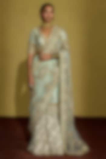 Sage Green Net & Zari Tissue Pre-Draped Reception Saree Set by Sureena Chowdhri at Pernia's Pop Up Shop