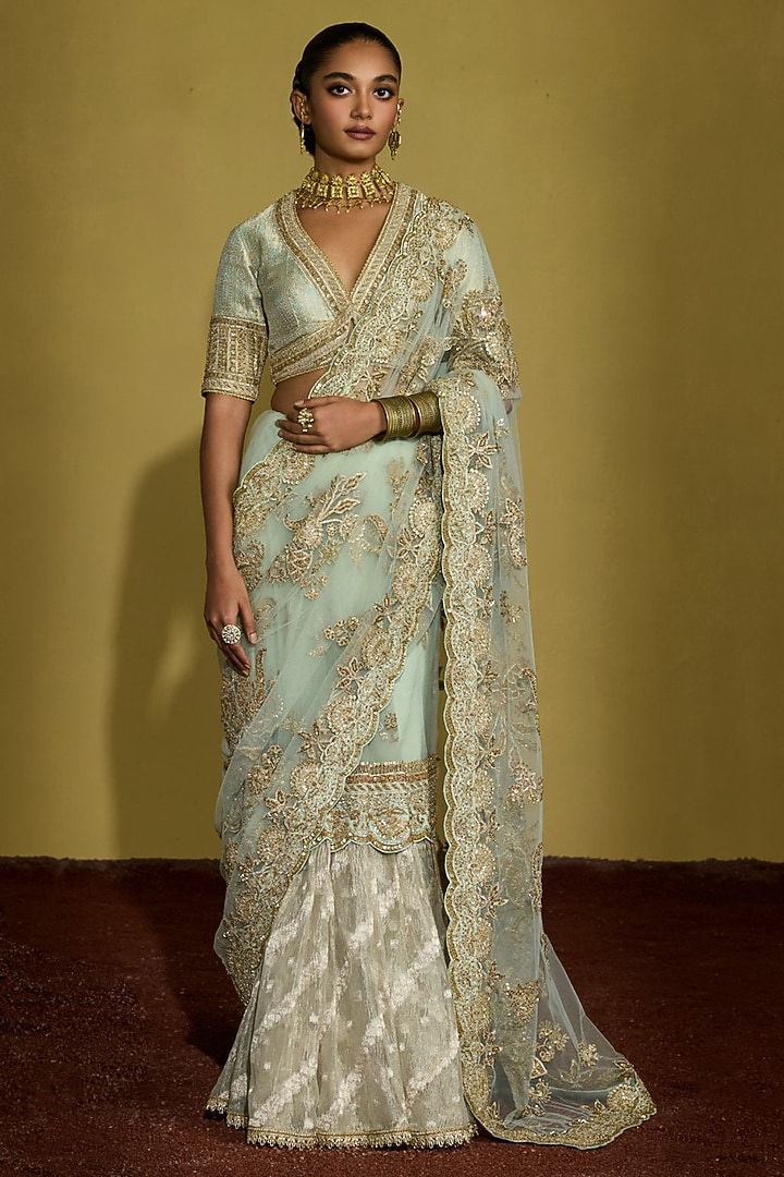 Sage Green Net & Zari Tissue Pre-Draped Reception Saree Set by Sureena Chowdhri at Pernia's Pop Up Shop