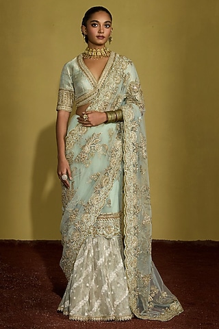 Sage Green Net & Zari Tissue Pre-Draped Saree Set by Sureena Chowdhri