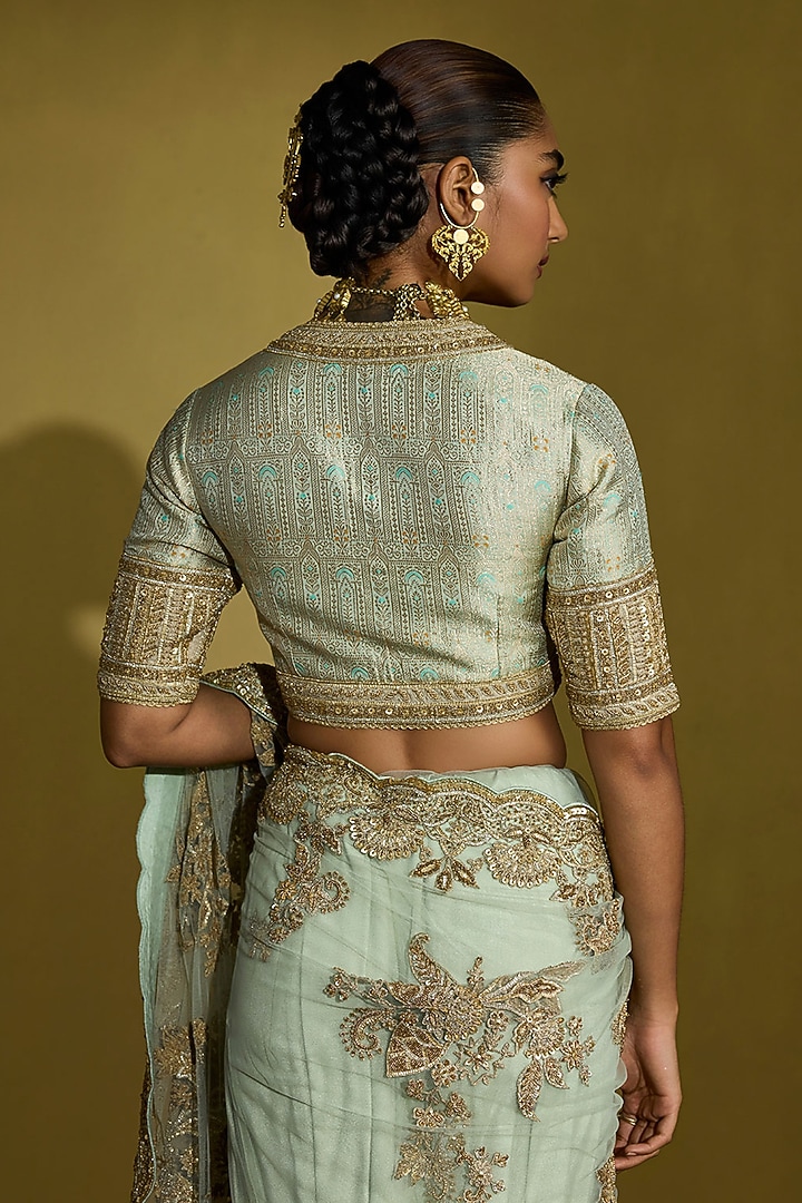 Sage Green Net & Zari Tissue Pre-Draped Reception Saree Set by Sureena Chowdhri at Pernia's Pop Up Shop