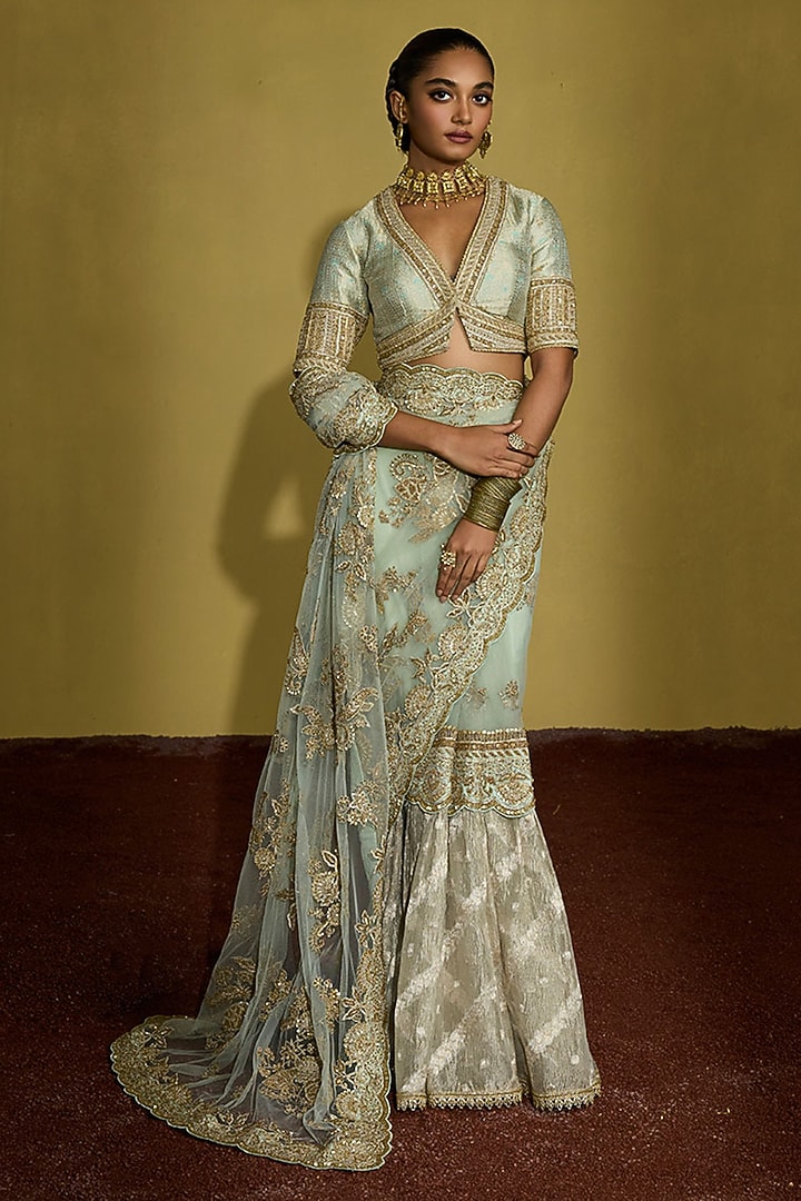 Sage Green Net & Zari Tissue Pre-Draped Reception Saree Set by Sureena Chowdhri at Pernia's Pop Up Shop