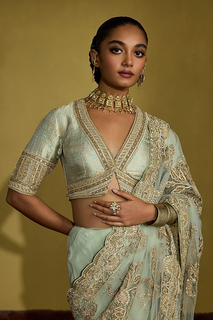 Sage Green Net & Zari Tissue Pre-Draped Reception Saree Set by Sureena Chowdhri at Pernia's Pop Up Shop