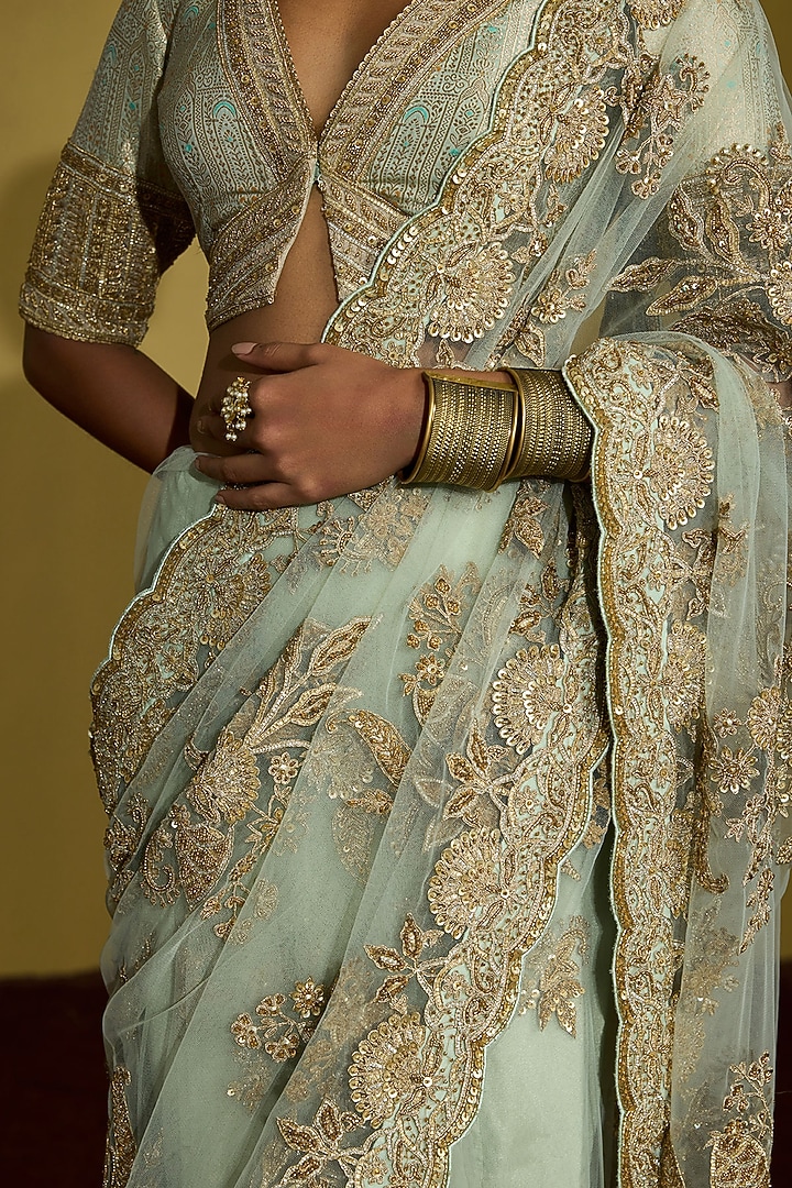 Sage Green Net & Zari Tissue Pre-Draped Reception Saree Set by Sureena Chowdhri at Pernia's Pop Up Shop