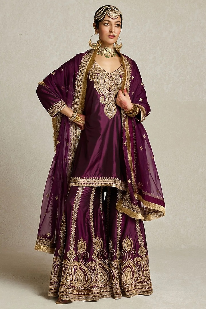 Wine Silk Embroidered Gharara Set by Sureena Chowdhri at Pernia's Pop Up Shop