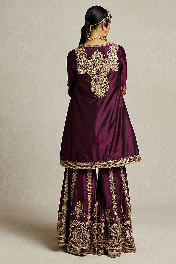 Wine Silk Embroidered Gharara Set by Sureena Chowdhri at Pernia's Pop Up Shop
