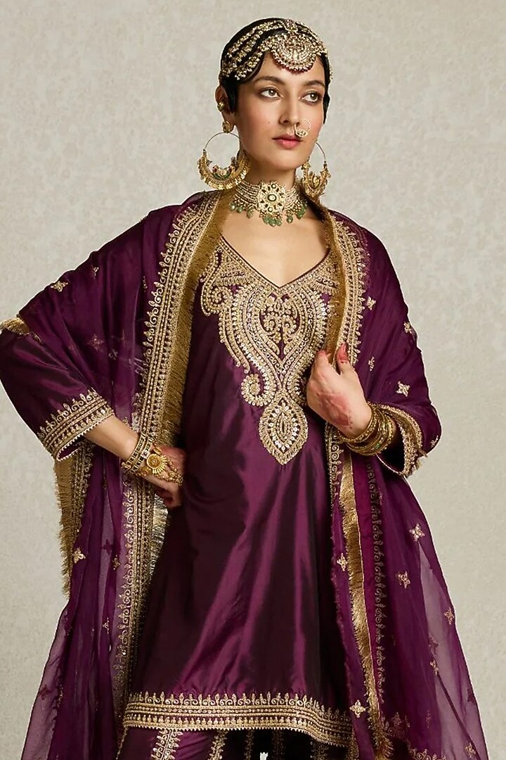 Wine Silk Embroidered Gharara Set by Sureena Chowdhri at Pernia's Pop Up Shop