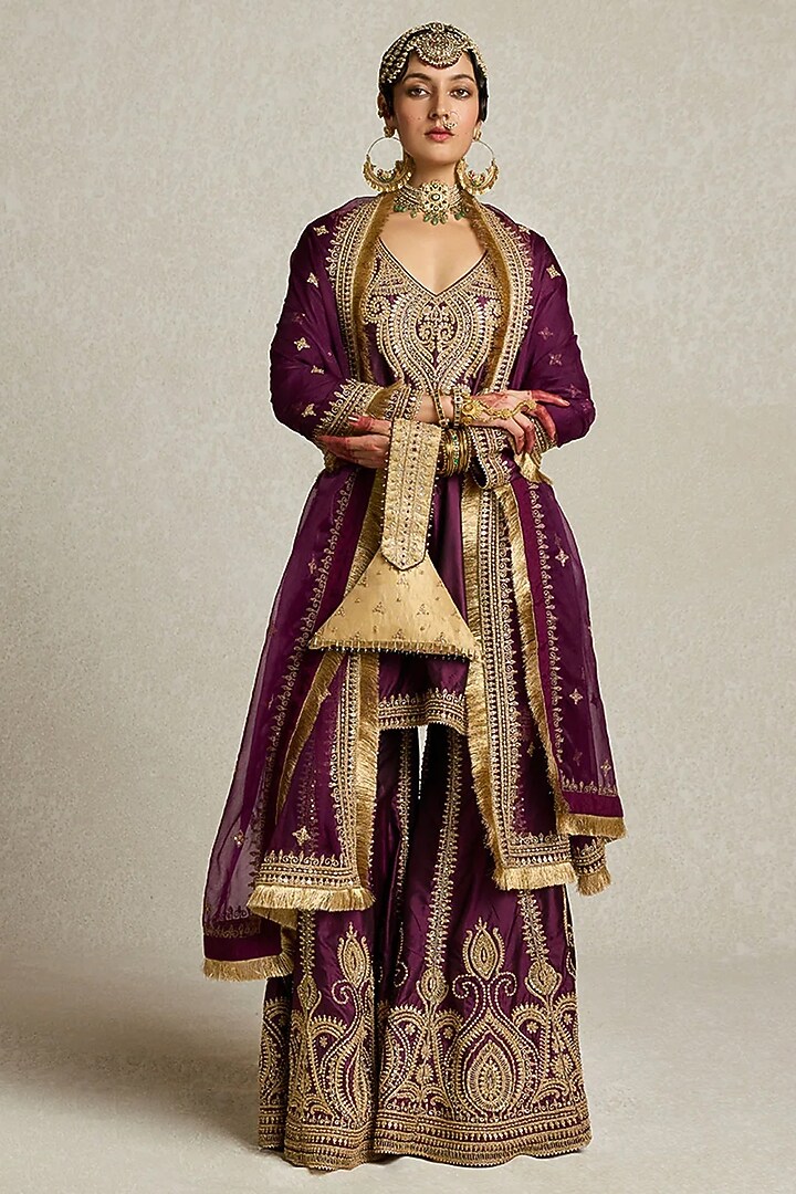 Wine Silk Embroidered Gharara Set by Sureena Chowdhri at Pernia's Pop Up Shop