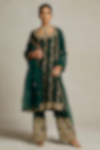 Bottle Green Pure Silk Hand Embroidered Kurta Set by Sureena Chowdhri