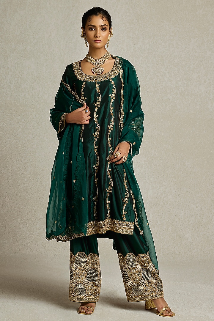 Bottle Green Pure Silk Hand Embroidered Kurta Set by Sureena Chowdhri