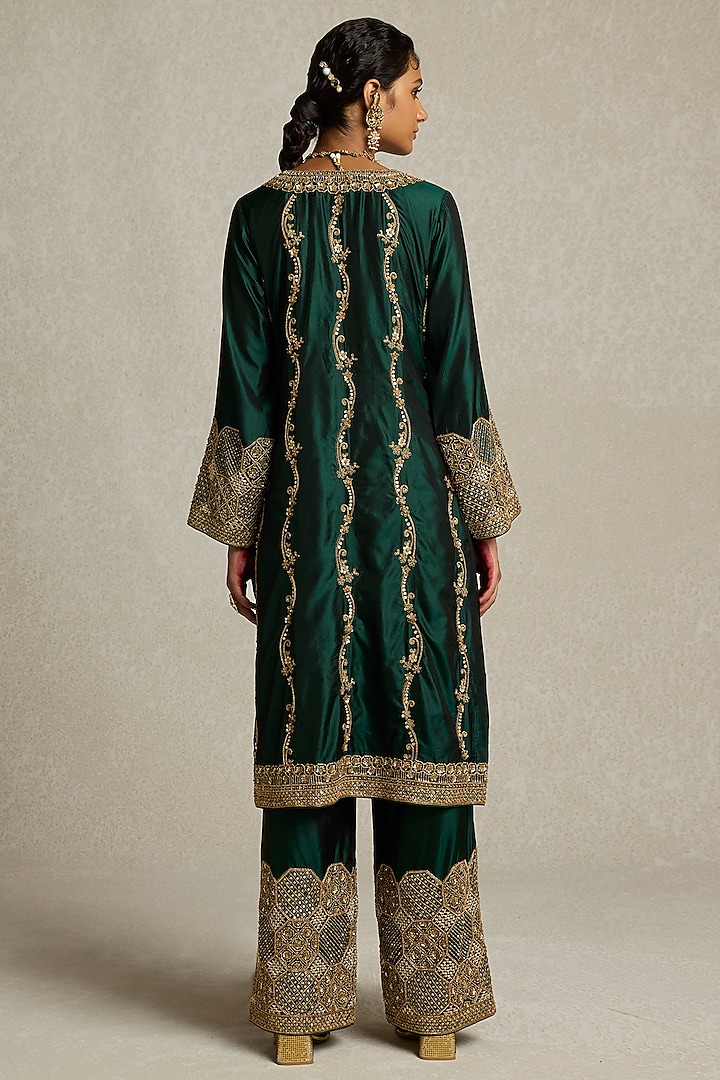 Bottle Green Pure Silk Hand Embroidered Kurta Set by Sureena Chowdhri at Pernia's Pop Up Shop