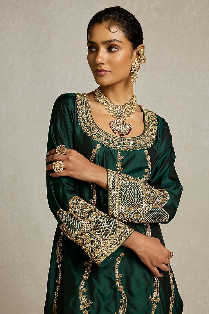 Bottle Green Pure Silk Hand Embroidered Kurta Set by Sureena Chowdhri at Pernia's Pop Up Shop