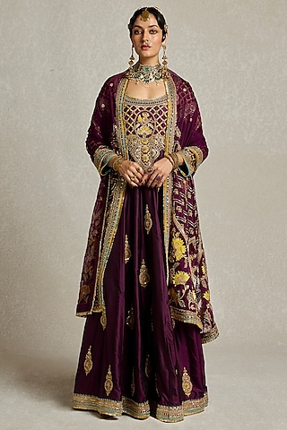 Wine Pure Silk Zardosi Embroidered Anarkali Set by Sureena Chowdhri