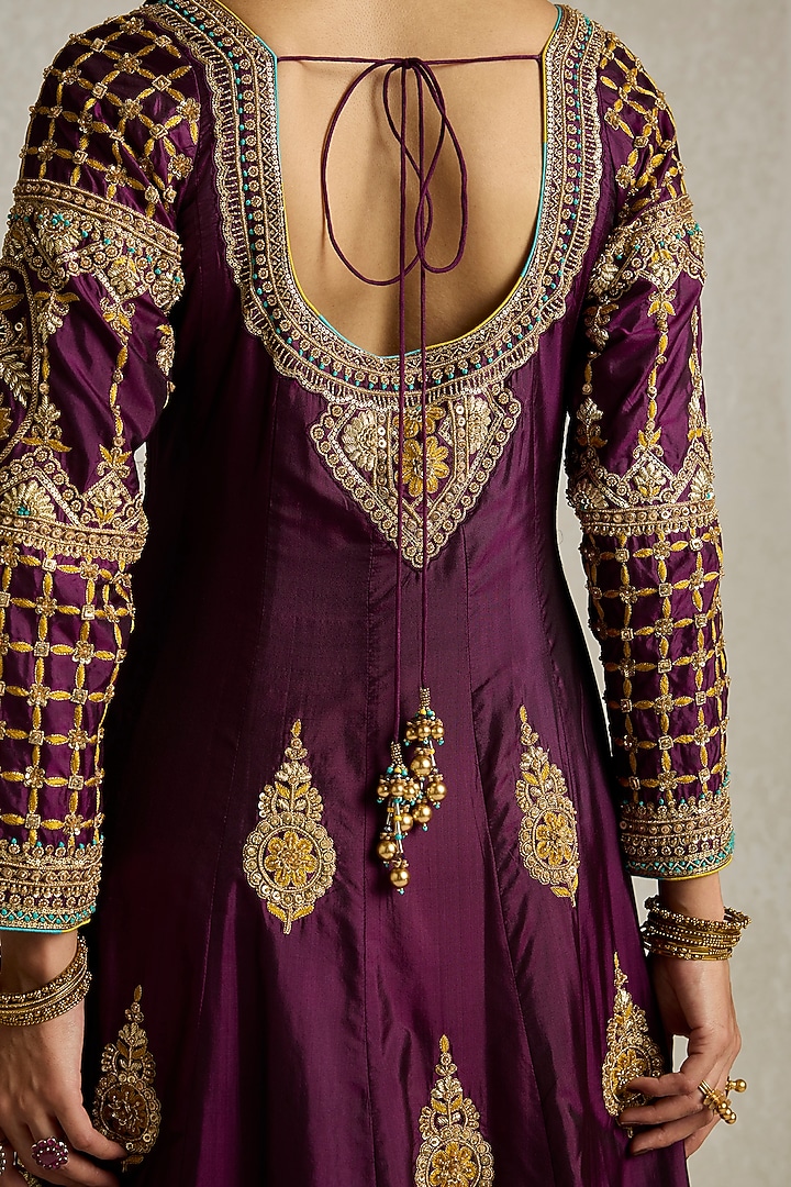 Wine Pure Silk Zardosi Embroidered Bridal Anarkali Set by Sureena Chowdhri at Pernia's Pop Up Shop