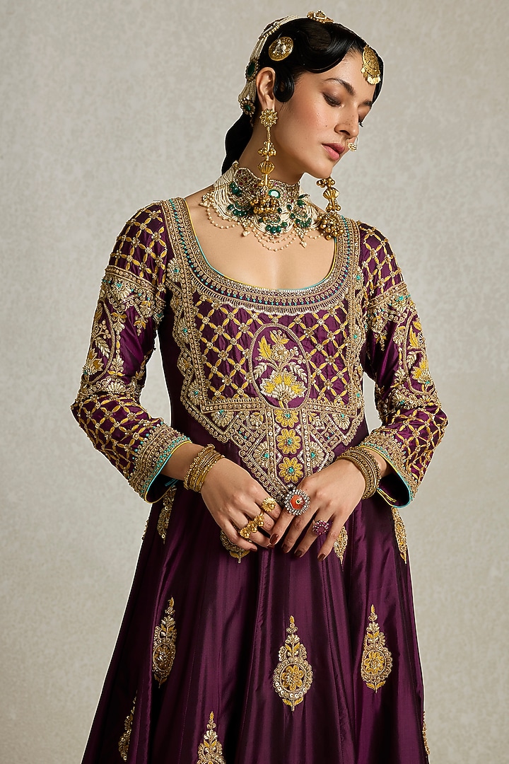 Wine Pure Silk Zardosi Embroidered Bridal Anarkali Set by Sureena Chowdhri at Pernia's Pop Up Shop