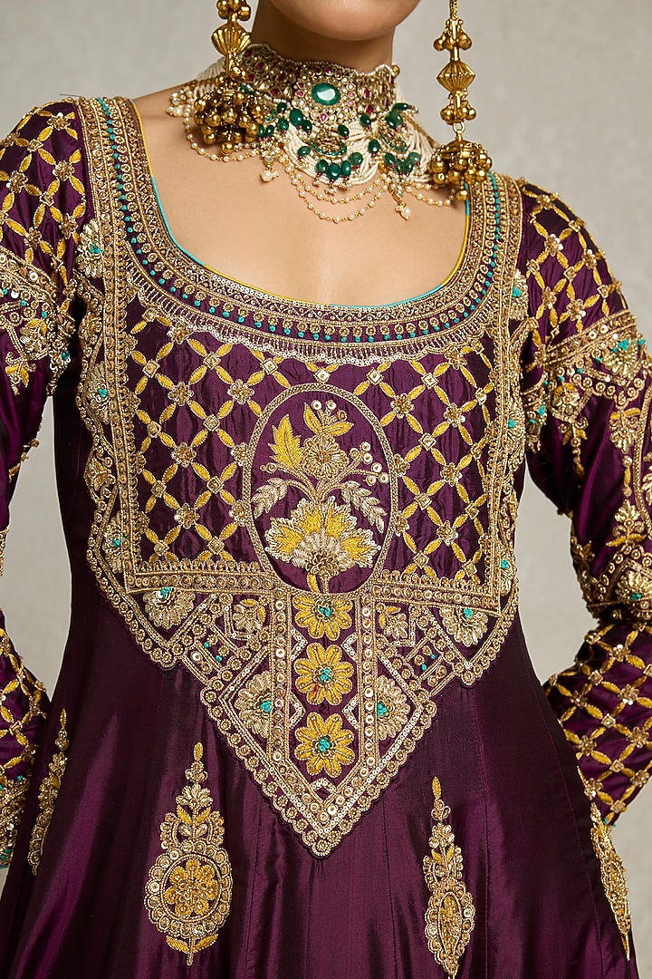 Wine Pure Silk Zardosi Embroidered Bridal Anarkali Set by Sureena Chowdhri at Pernia's Pop Up Shop
