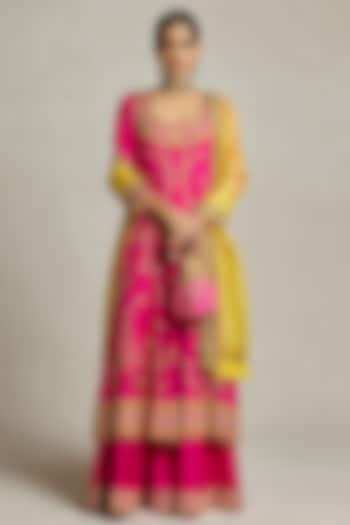 Rani Pink Silk Hand Embroidered Anarkali Set by Sureena Chowdhri at Pernia's Pop Up Shop