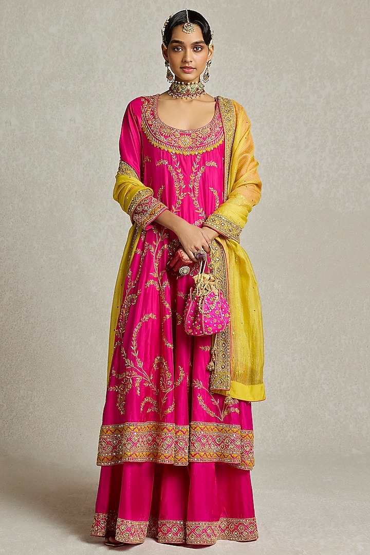 Rani Pink Silk Hand Embroidered Anarkali Set by Sureena Chowdhri at Pernia's Pop Up Shop