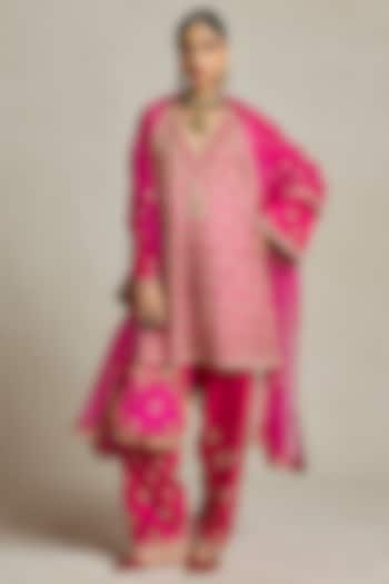 Rani Pink Silk Sitara Embroidered Kurta Set by Sureena Chowdhri