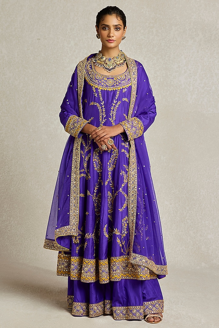 Purple Silk Hand Embroidered Anarkali Set by Sureena Chowdhri at Pernia's Pop Up Shop