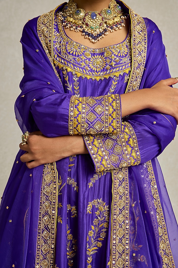 Purple Silk Hand Embroidered Bridal Anarkali Set by Sureena Chowdhri at Pernia's Pop Up Shop