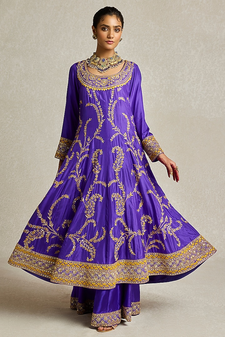 Purple Silk Hand Embroidered Bridal Anarkali Set by Sureena Chowdhri at Pernia's Pop Up Shop
