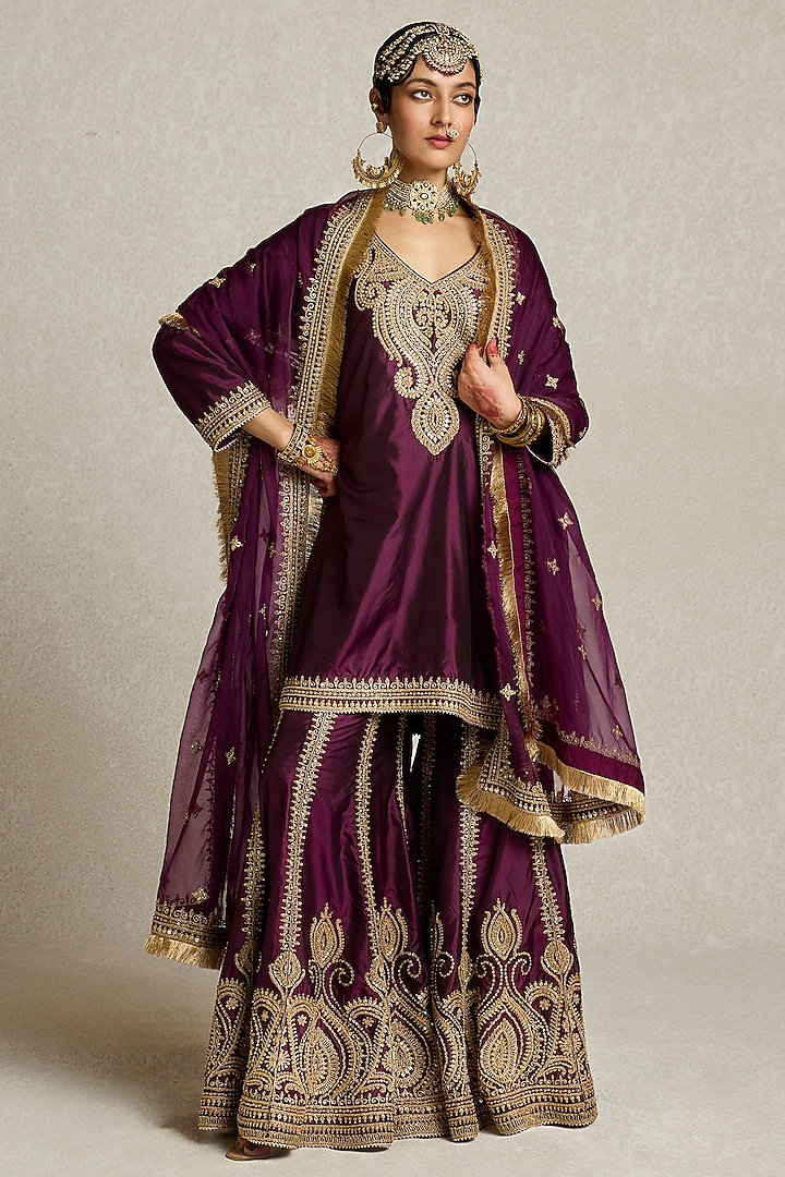 Wine Silk Zardosi Embroidered A-Line Kurta Set by Sureena Chowdhri at Pernia's Pop Up Shop