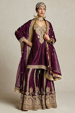 Wine Silk Zardosi Embroidered A-Line Kurta Set by Sureena Chowdhri