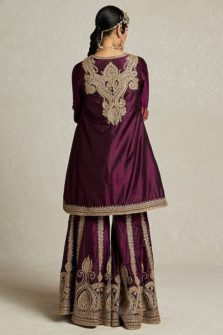Wine Silk Zardosi Embroidered A-Line Kurta Set by Sureena Chowdhri at Pernia's Pop Up Shop