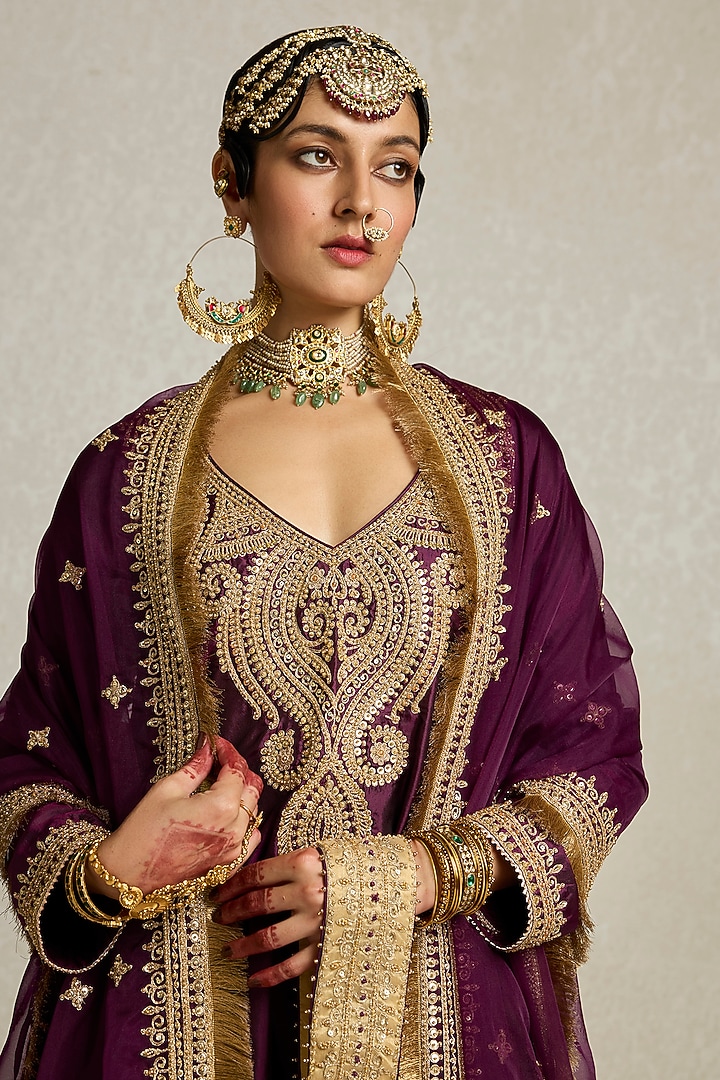 Wine Silk Zardosi Embroidered A-Line Kurta Set by Sureena Chowdhri at Pernia's Pop Up Shop