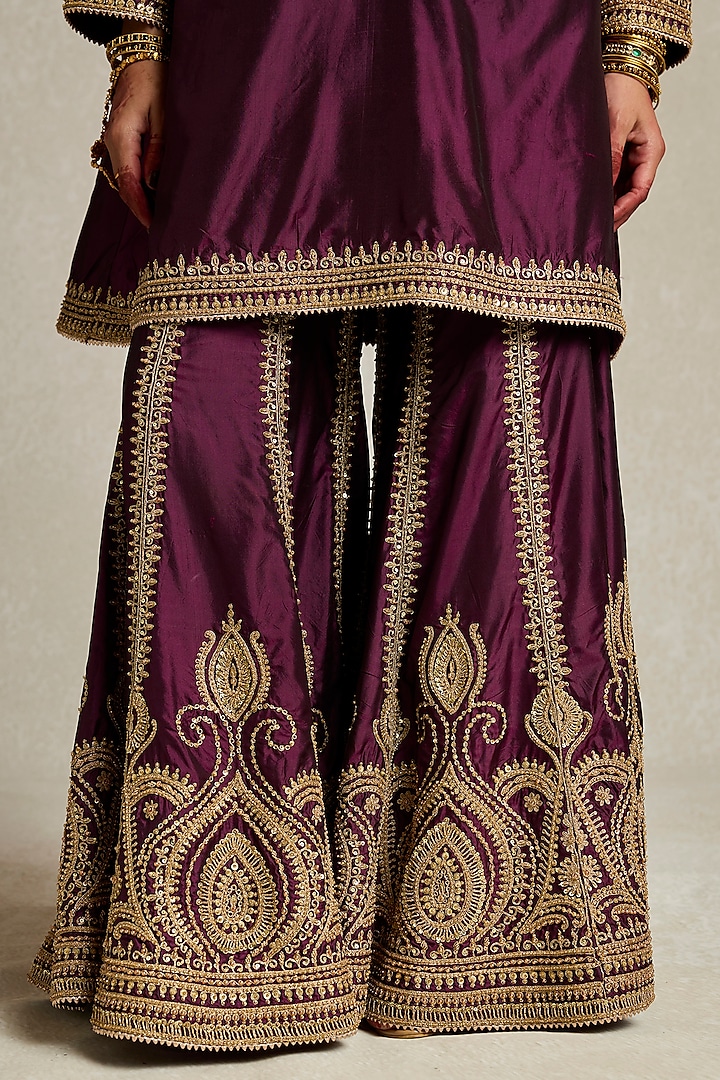 Wine Silk Zardosi Embroidered A-Line Kurta Set by Sureena Chowdhri at Pernia's Pop Up Shop