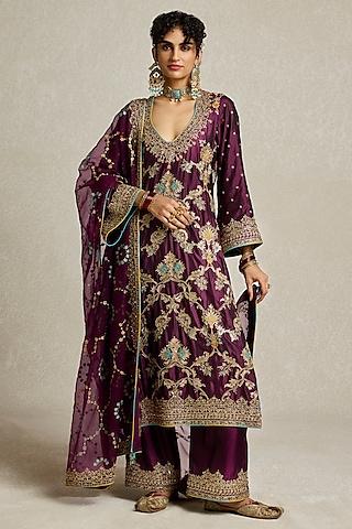Wine Pure Silk Floral Jaal Embroidered Kurta Set by Sureena Chowdhri