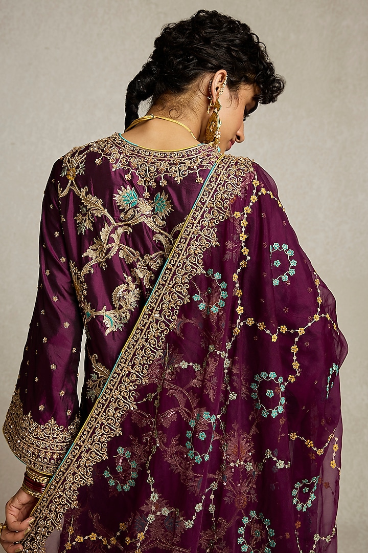 Wine Pure Silk Floral Jaal Embroidered Kurta Set by Sureena Chowdhri at Pernia's Pop Up Shop