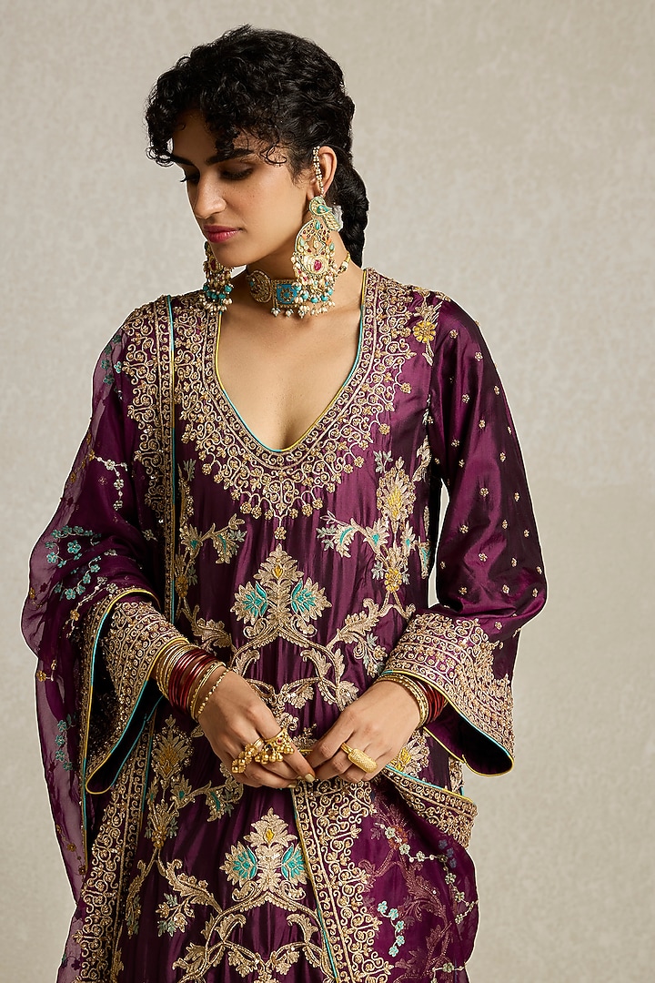 Wine Pure Silk Floral Jaal Embroidered Kurta Set by Sureena Chowdhri at Pernia's Pop Up Shop