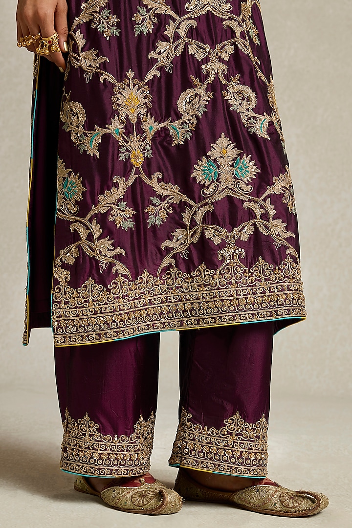 Wine Pure Silk Floral Jaal Embroidered Kurta Set by Sureena Chowdhri at Pernia's Pop Up Shop