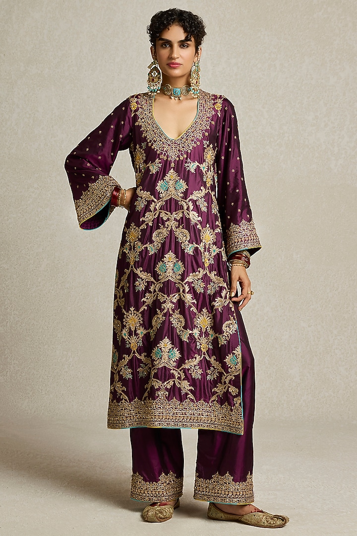 Wine Pure Silk Floral Jaal Embroidered Kurta Set by Sureena Chowdhri at Pernia's Pop Up Shop