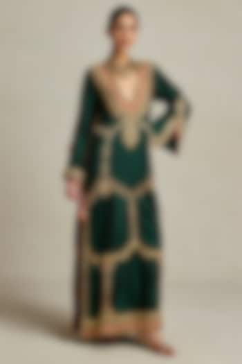 Bottle Green Silk Hand Embroidered Kaftan by Sureena Chowdhri at Pernia's Pop Up Shop