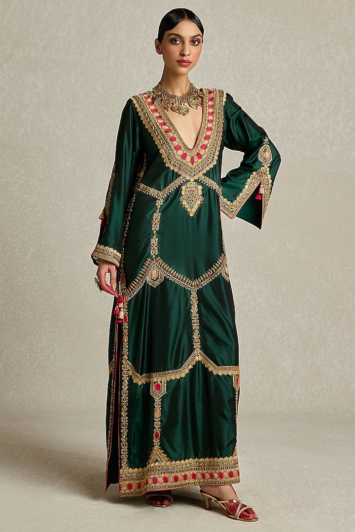 Bottle Green Silk Hand Embroidered Kaftan by Sureena Chowdhri at Pernia's Pop Up Shop