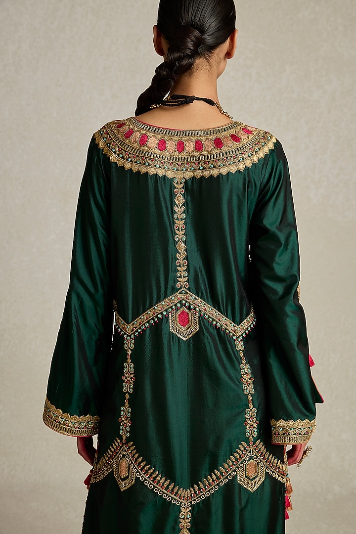 Bottle Green Silk Hand Embroidered Kaftan by Sureena Chowdhri at Pernia's Pop Up Shop