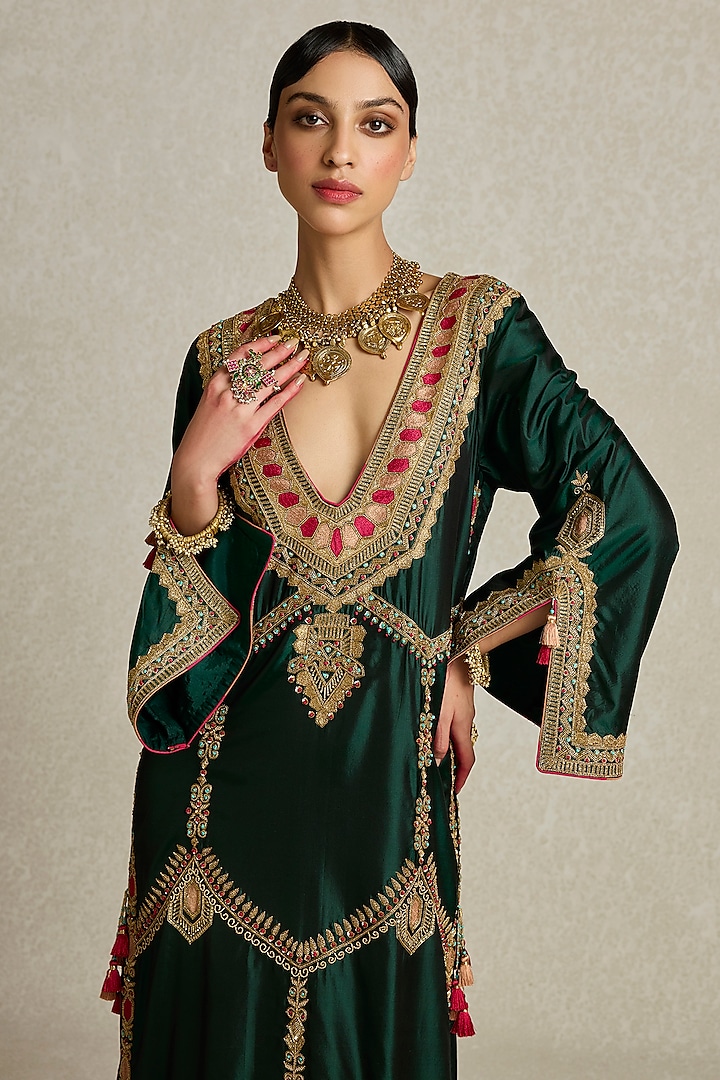 Bottle Green Silk Hand Embroidered Kaftan by Sureena Chowdhri at Pernia's Pop Up Shop