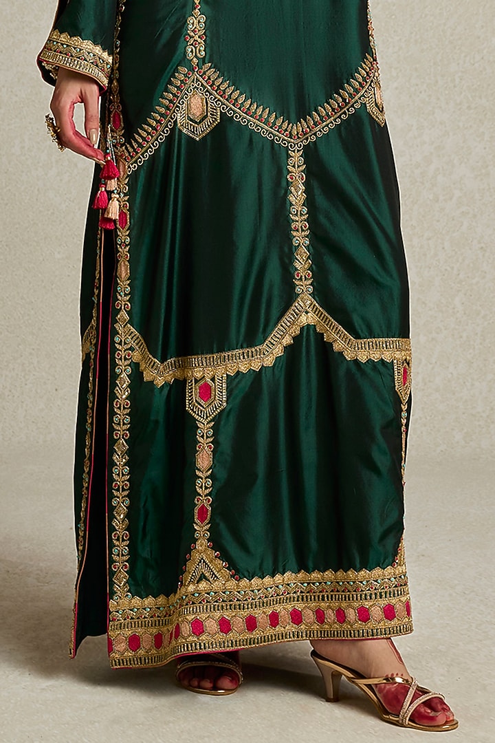 Bottle Green Silk Hand Embroidered Kaftan by Sureena Chowdhri at Pernia's Pop Up Shop