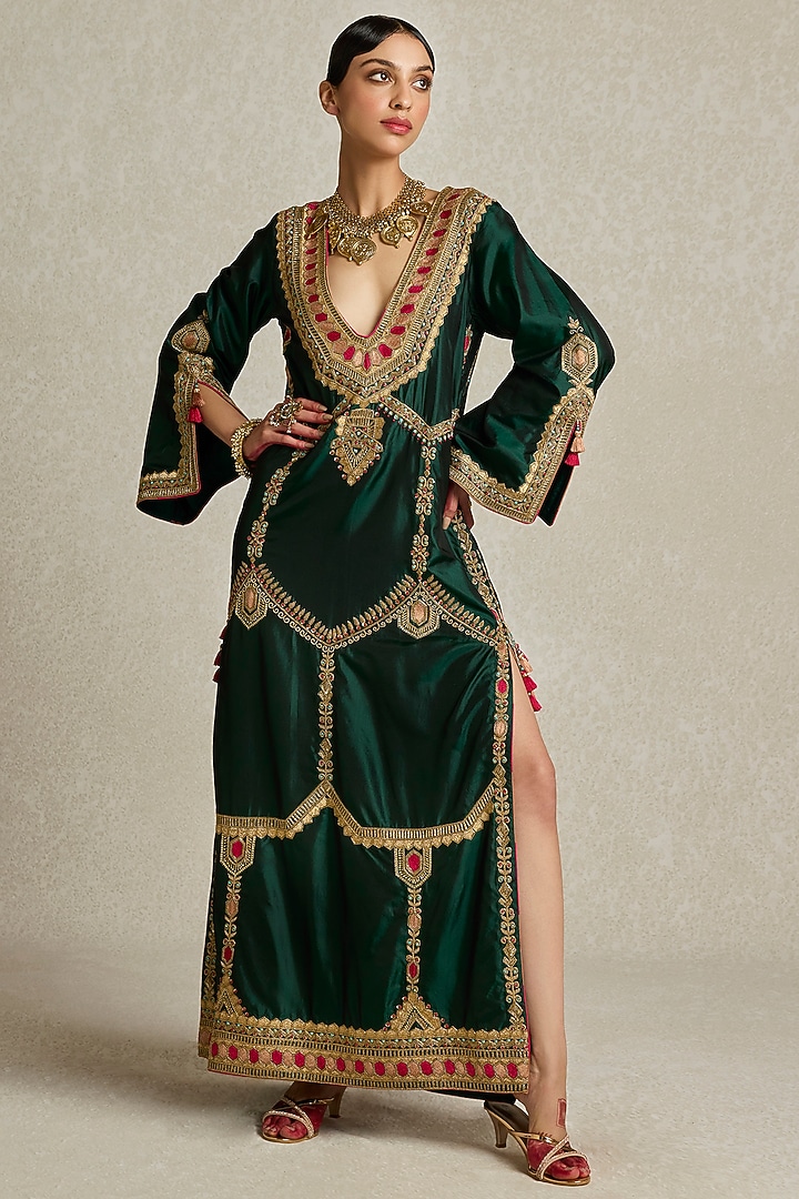 Bottle Green Silk Hand Embroidered Kaftan by Sureena Chowdhri at Pernia's Pop Up Shop