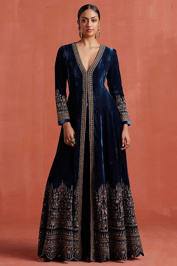 Peacock Blue Silk Velvet Zardosi Work Anarkali Set by Sureena Chowdhri at Pernia's Pop Up Shop