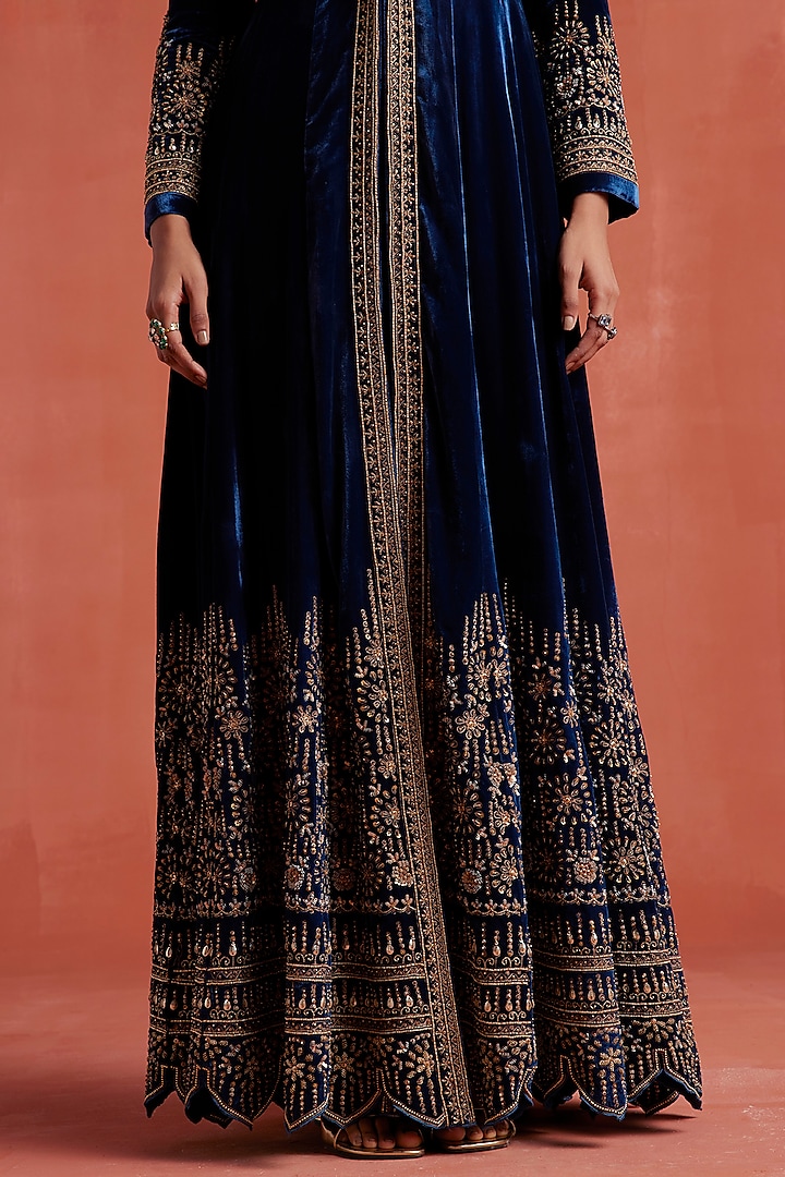 Peacock Blue Silk Velvet Zardosi Work Bridal Anarkali Set by Sureena Chowdhri at Pernia's Pop Up Shop