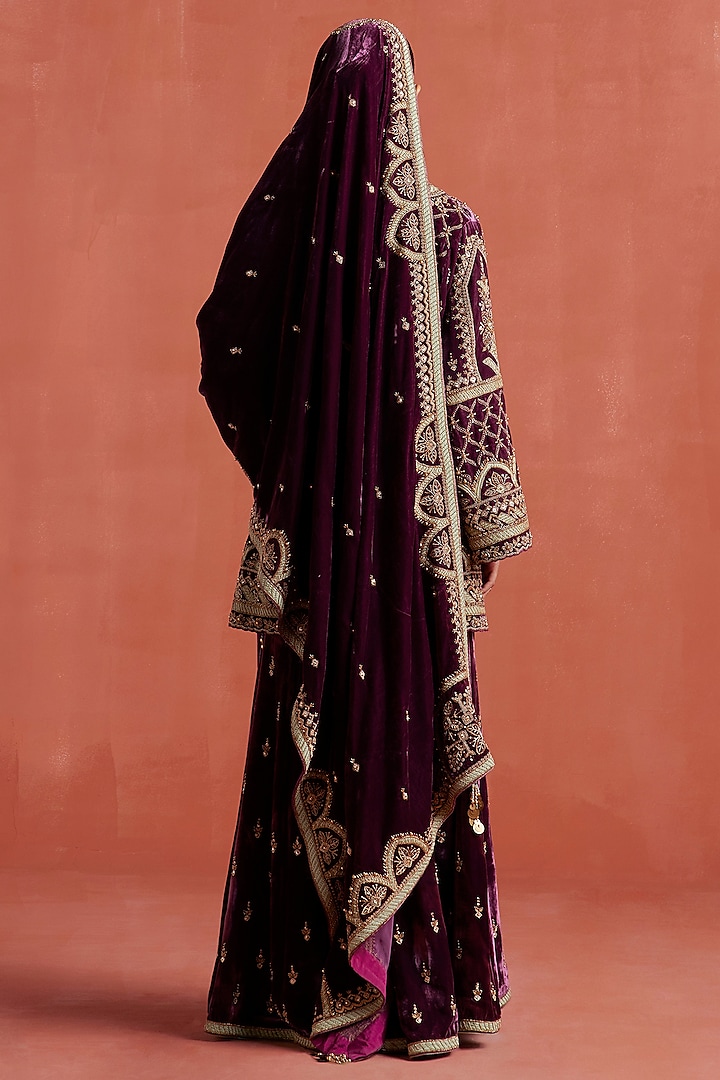 Wine Silk Velvet Zardosi Hand Work Kurta Set by Sureena Chowdhri at Pernia's Pop Up Shop